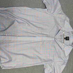 Jos A Bank Men's Blue and Orange Short Sleeve Plaid Shirt